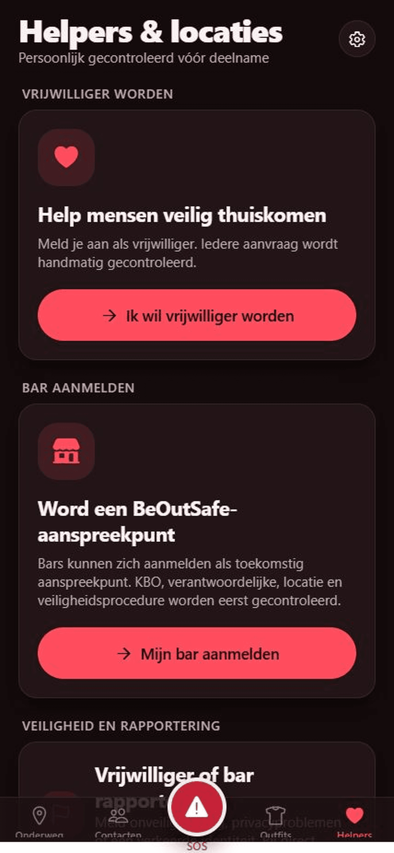 Helpers-scherm voor vrijwilligers en veilige locaties in BeOutSafe