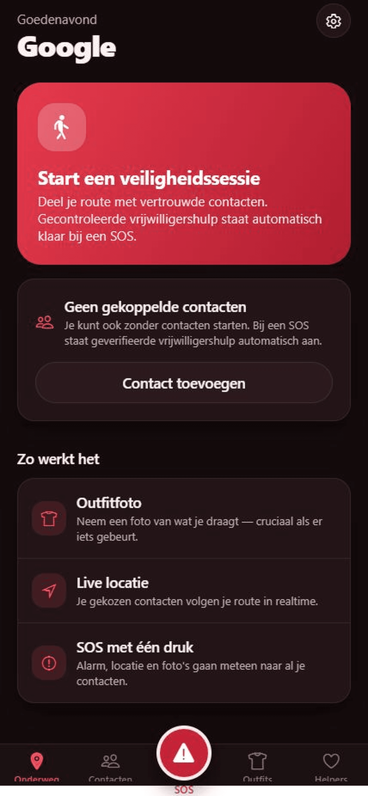 BeOutSafe-scherm met een nieuwe veiligheidssessie